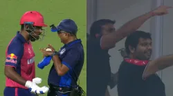 Sanju Samson having a word with umpire, Parth Jindal in stands.