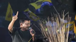 Delhi Chief Minister Arvind Kejriwal addresses supporters outside Tihar Jail after the Supreme Court (SC) granted him interim bail in a money laundering case, amid the ongoing Lok Sabha elections, in New Delhi.