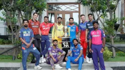 Captains of all the teams with the IPL trophy.