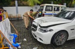 Mumbai: A damaged BMW car that was involved in a hit-and-run case, parked on the premises of Worli police station, in Mumbai. A woman was killed after the car rammed into a bike she was riding with her husband. 