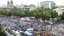 BSP supporters gather outside the Rajiv Gandhi Government Hospital in protest after Tamil Nadu BSP President K. Armstrong was hacked to death by a six-member gang, in Chennai.