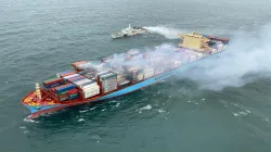 Indian Coast Guard ship dousing fire on MV Maersk Frankfurt 