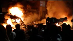 Fires burn during massive riots in Harehills, Leeds.