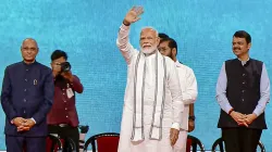 Prime Minister Narendra Modi with Maharashtra Governor Ramesh Bais and Deputy Chief Minister Devendra Fadnavis during the foundation stone laying and inauguration ceremony of multiple developmental projects, in Mumbai.