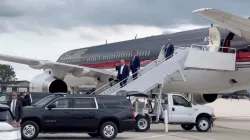 US Republican presidential candidate Donald Trump disembarking from a plane in Milwaukee