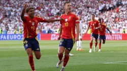 Dani Olmo (right) of Spain celebrates after scoring a goal against France in Euro 2024 semis.