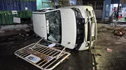 A vandalised Kolkata Police vehicle is seen amid protest at the RG Kar Medical College and Hospital against the alleged rape and murder of a trainee doctor inside the hospital premises, in Kolkata