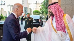 Saudi Crown Prince Mohammed bin Salman fist bumps US President Joe Biden upon his arrival at Al Salm