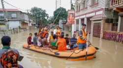 NDRF teams rescue stranded people in the flood-hit areas.