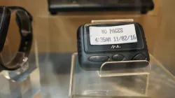 Pagers on display at a meeting room at the Gold Apollo company building in New Taipei City, Taiwan.