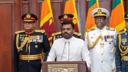 Sri Lanka's newly elected President Anura Kumara Dissanayake addresses a gathering after taking his 