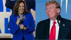 Democratic presidential nominee Vice President Kamala Harris speaks at a campaign event, left, and R