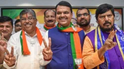 BJP leaders Devendra Fadnavis, Chandrakant Patil and RPI chief Ramdas Athawale 