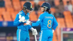 Radha Yadav and Saima Thakor during their 70-run partnership for India women against New Zealand in Ahmedabad