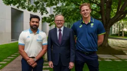 India's Rohit Sharma and Prime Minister's XI skipper Jack Edwards with Australian Prime Minister Anthony Albanese MP in Canberra