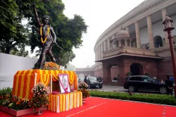 A statue of freedom fighter Birsa Munda is seen adorned with garlands on his birth anniversary, commemorated as ‘Janjatiya Gaurav Diwas’ in New Delhi