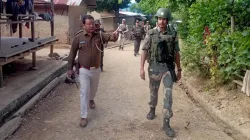 Security personnel during a search operation and area dominance in the fringe and vulnerable areas of hill and valley districts of Manipur.