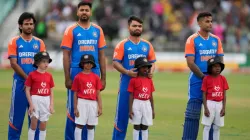 Ravi Bishnoi, Avesh Khan, Rinku Singh and Suryakumar Yadav line up for the national anthem.