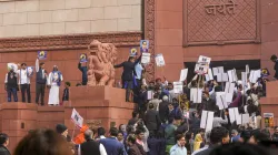 NDA and INDIA bloc members during a protest over Dr BR Ambedkar at Parliament premises