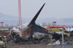 Firefighters and rescue team members work near the wreckage of a passenger plane at Muan Internation