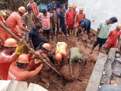 NDRF personnel carry out rescue and relief work in a flood hit area in the aftermath of Cyclone Fengal in Tiruvannamalai, Tamil Nadu