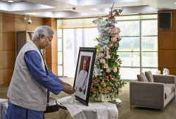 Yunus visited the Indian High Commission in Dhaka, where he placed floral wreaths before a portrait of the late Indian leader.