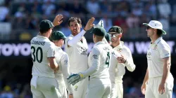 Mitchell Starc celebrates a wicket with his Aussie teammates.