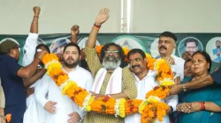 Jharkhand Chief Minister Hemant Soren with RJD leader Tejashwi Yadav and other INDIA bloc leaders during a rally in Godda district.