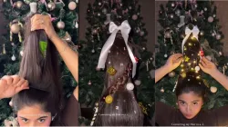 Woman ditches Christmas tree, converts her hair into one