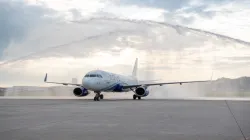 Navi Mumbai international Airport, indigo airlines receives Water cannon salute, Navi Mumbai Airport