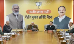 Prime Minister Narendra Modi with BJP National President JP Nadda, Defence Minister Rajnath Singh and Home Minister Amit Shah during the party’s Central Election Committee (CEC) meeting on the Delhi Assembly elections, at the party headquarters in New Delhi.