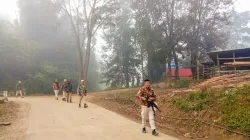 Security personnel during a search operation and area domination in the fringe and vulnerable areas of hill and valley districts of Manipur.