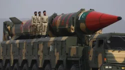 A Pakistani-made Shaheen-III missile, that is capable of carrying nuclear warheads, displayed during