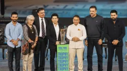 Indian cricket legends during the 50th anniversary celebration of the Wankhede Stadium.