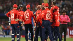 Saqib Mahmood celebrates with his teammates.