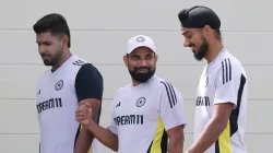 Harshit Rana (L), Mohammed Shami (C) and Arshdeep Singh (R) during India's practice session in Dubai ahead of the Champions Trophy