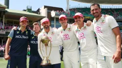 Nathan Lyon alongside Aussie teammates with Border-Gavaskar Trophy.