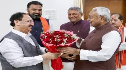 Bihar CM Nitish Kumar and BJP president JP Nadda at a meeting in Patna