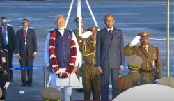 Prime Minister Narendra Modi landed in Mauritius on Tuesday to a grand and warm welcome by Mauritius