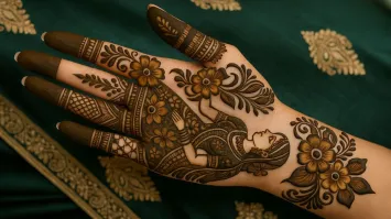 Traditional mehndi design with Teej theme, showing a woman in festive attire