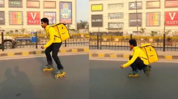 Delivery man takes up roller skates to deliver his order.