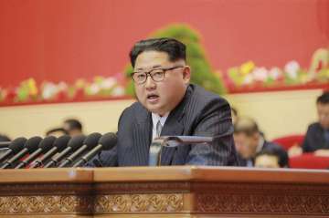 North Korean leader Kim Jong Un addresses the congress on May 8