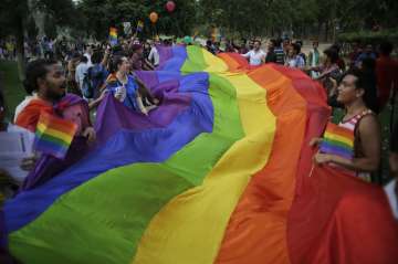 LGBT community members hold a rainbow flag during a parade in Gurgaon on June 25