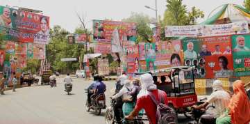 BJP hoardings on display outside K P Ground in Allahabad on Saturday