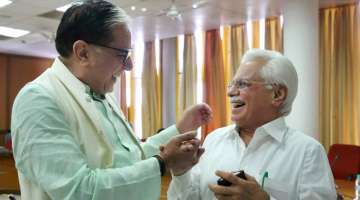 Subhash Chandra and RK Anand during Rajya Sabha polling in Chandigarh