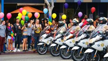 Police ride during the Gay Pride Parade in West Hollywood, California on Sunday