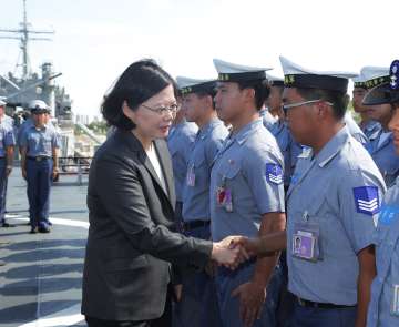 Taiwan's President aboard a Navy ship before it sets out to South China Sea