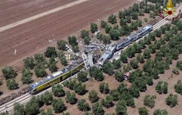 Aerial view of trains after their head-on collision in Italy 