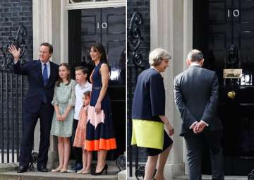 David Cameron leaving the 10 Downing Street, Theresa May entering the office