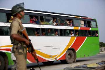 Security personnel at Jammu-Srinagar Highway after the Amarnath Yatra resumed
